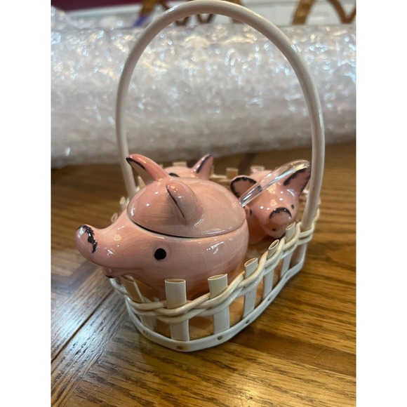 VTG Goebel Pink Pigs Piggys Salt & Pepper Shaker Sugar Spoon  Set With Basket - Picture 7 of 8